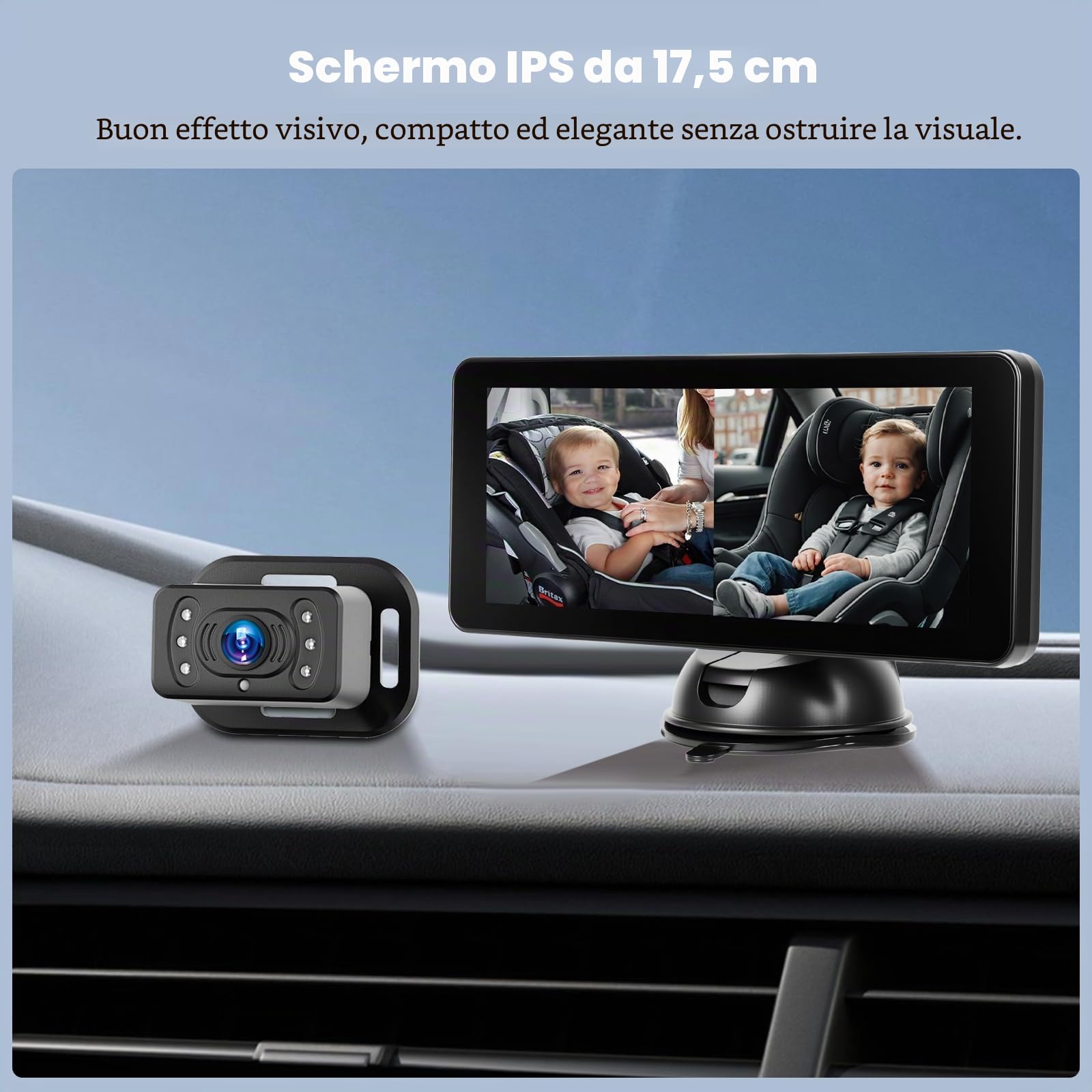 Telecamera automatica doppia per bambini - con display IPS HD da 6,9" e funzione visione notturna, e una telecamera specchio di sicurezza per auto girevole a 360° per bambini e animali domestici