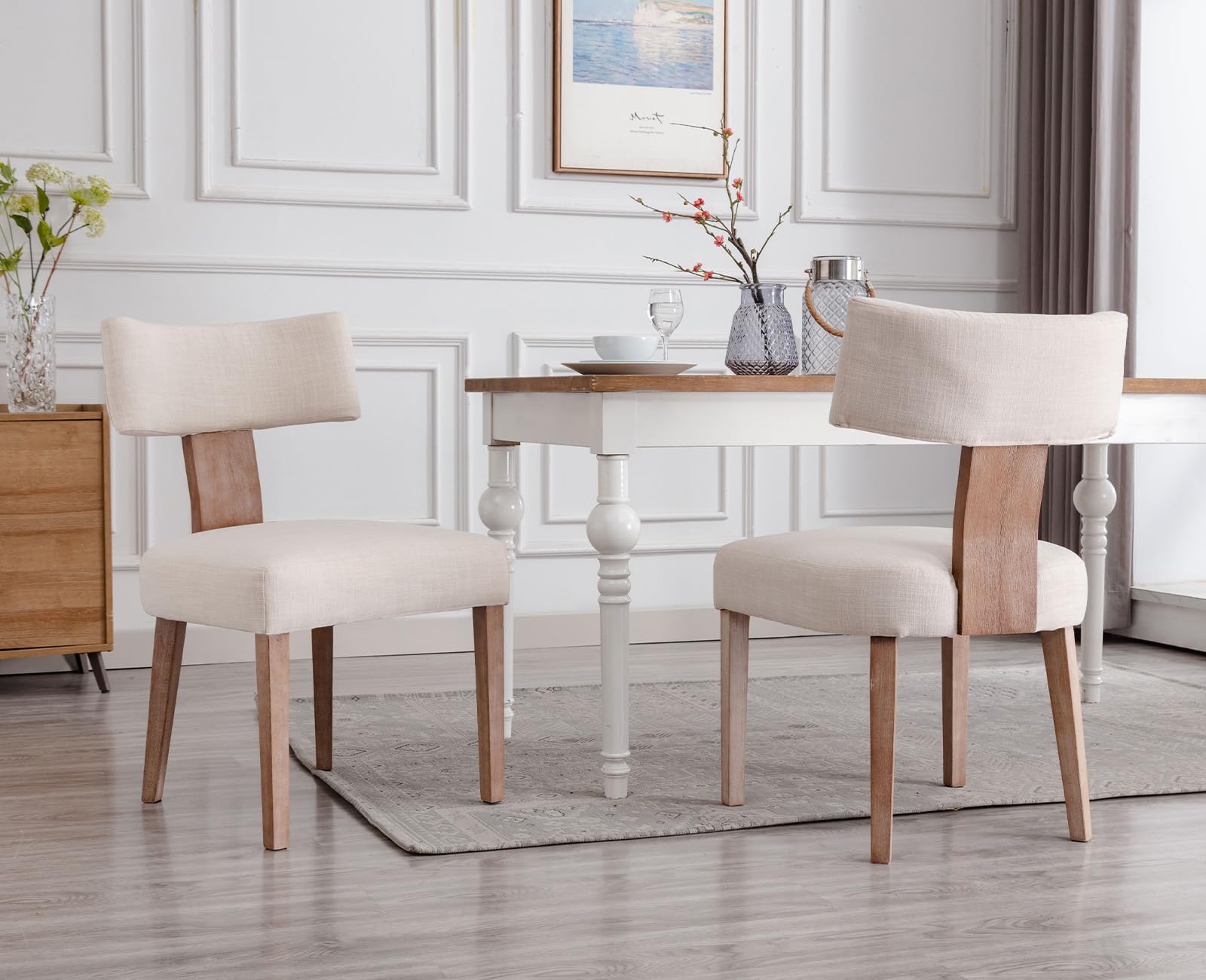 chairus Juego 2 de Sillas de Comedor Acolchada con Patas de Madera Silla de Cocina de Lino, Sillas Estilo Moderno Minimalista con Respaldo Curvo para Mesa/Salón, Beige
