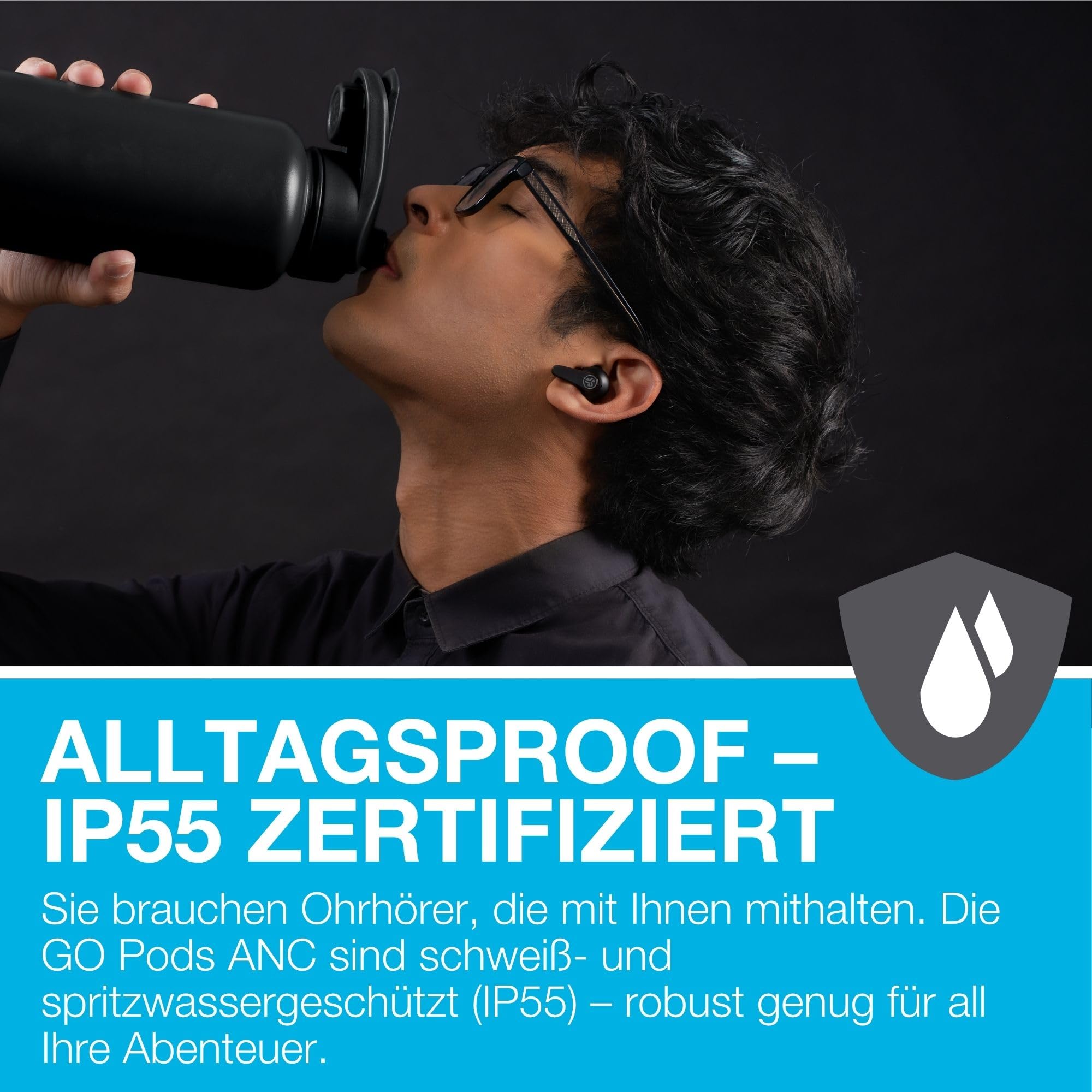 JLab Go Pods ANC In-Ear Kopfhörer Bluetooth mit Noise Cancelling - Kabellose Earbuds mit 26+ Std. - Hybrid-Geräuschunterdrückung, Multipunt, IP55, Sound per App einstellbar, klare Anrufe, Schwarz