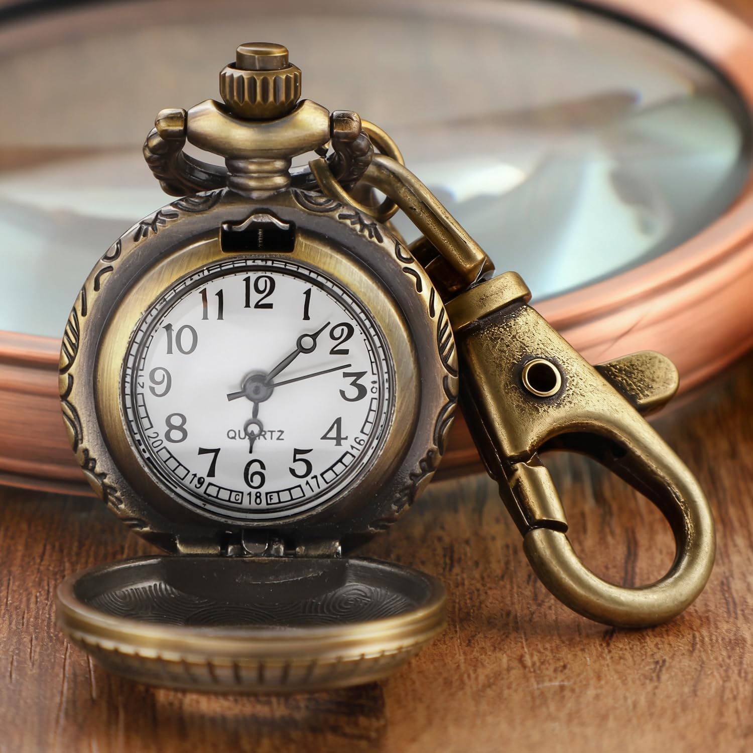 Tiong Brown Starry Hollow Design Men's Quartz Pocket Watch, Vintage Souvenir Gift Keychain and Chain Dual-Use Pocket Watch