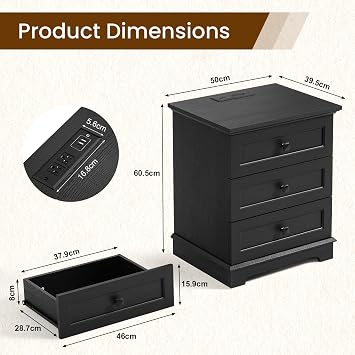 20 Modern Nightstand Charging 3 Drawers End Table Bedroom Office Black
