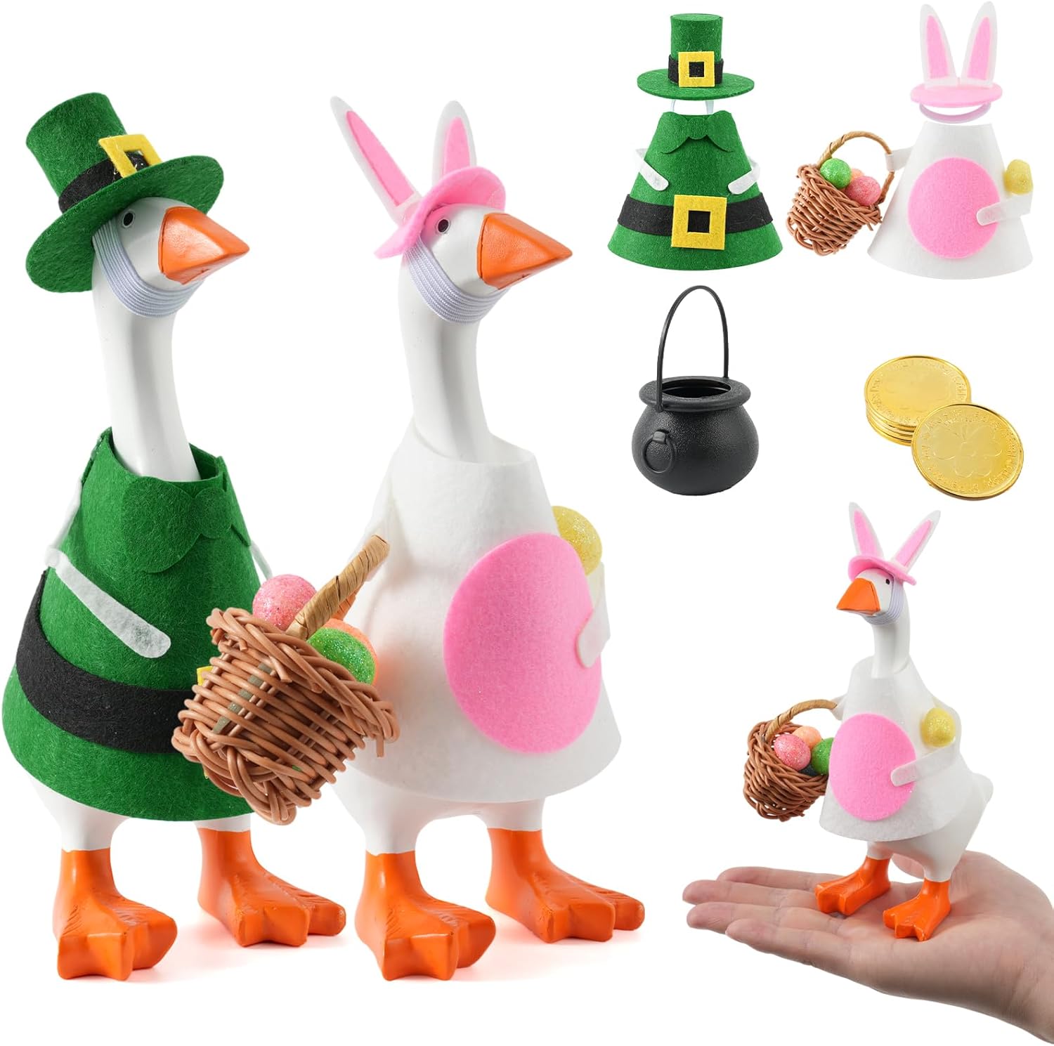 2 Set 7inch Desk Goose Outfits, Easter and St. Patrick's Day Mini Desktop Goose Clothes Desk Goose Accessories Set for Magnetic Goose Statue 1.0