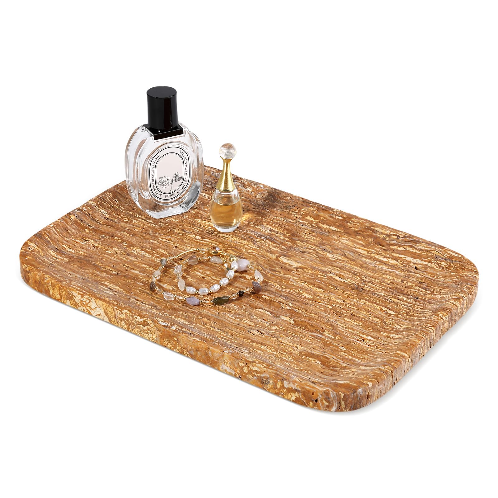 Karibiber Natural Marble Vanity Tray, 11.8" Travertine/Stone Bathroom Tray Countertop, Golden Stone for Perfume Jewelry Holder, Decorative Dresser Organizer, Storage for Kitchen Sink(Walnut Traver)