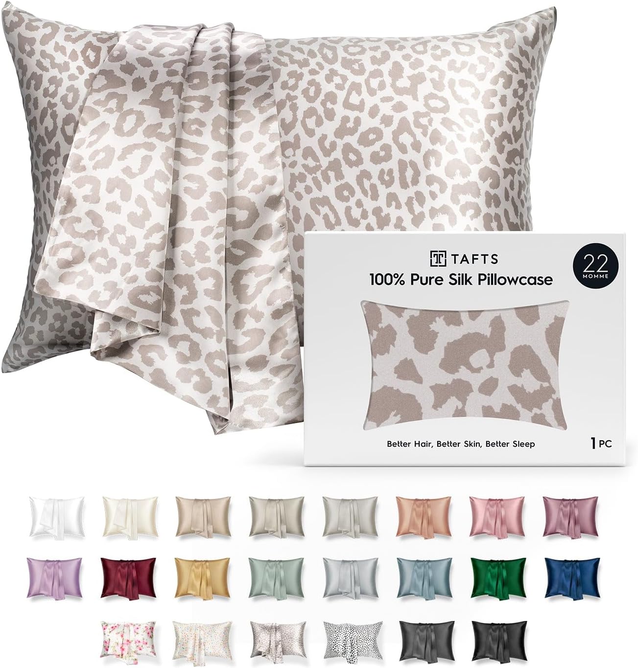 22mm 100% Pure Mulberry 6A Silk Pillowcase for Hair & Skin with Envelope Closure, Cooling, Natural, Organic, Double Sided Silk Pillow Case (Leopard, Standard Size, 20"x26")