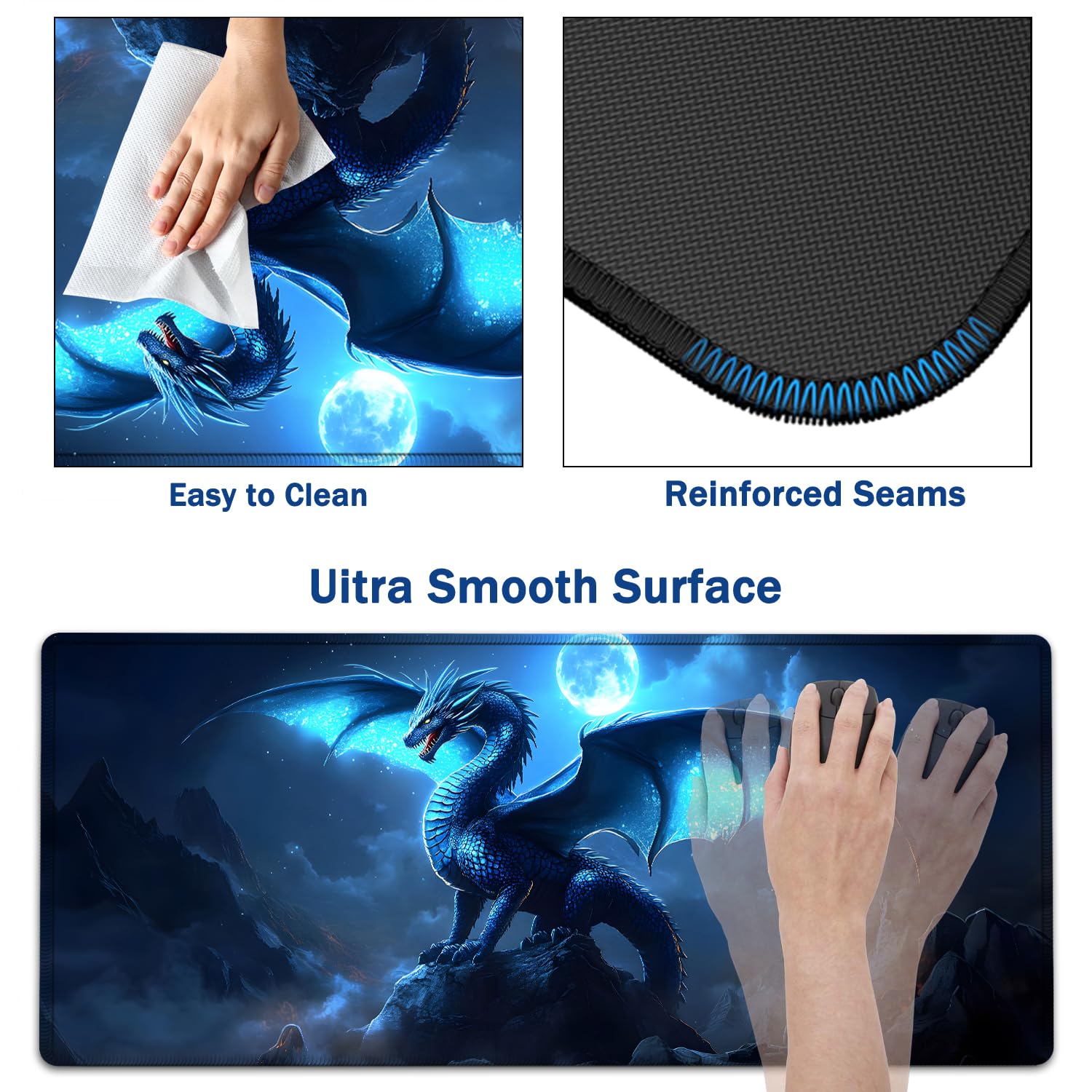 Großes Mauspad + Tastatur-Handgelenkauflage-Set, erweitertes Gaming-Mauspad (80 x 29 cm) mit rutschfestem Gummi, ergonomische Handgelenkauflage aus Memory-Schaum, blaue fliegende Drache