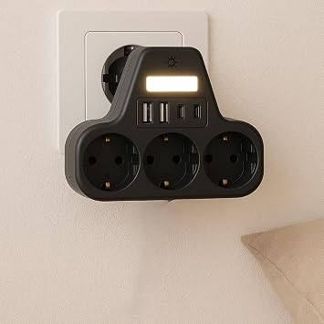 LED Gece Işıklı 3680 W Priz Adaptörü - 3'lü Akım Korumalı Priz + 2 USB ve 2 Type-C Girişli, Kablosuz Duvar Tipi Çoklu Şarj Adaptörü, Kısa Devre Koruma, Kompakt Tasarım