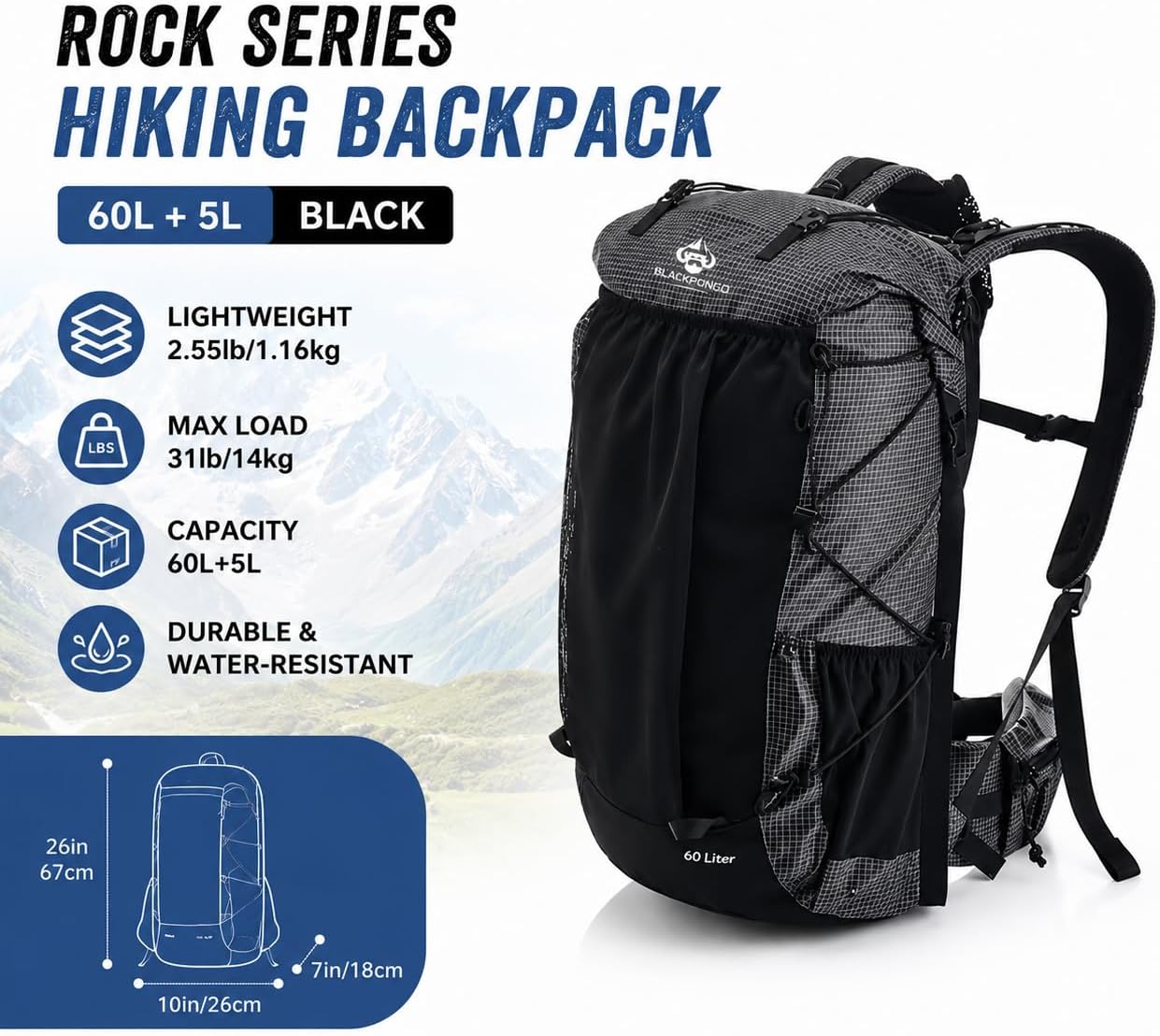 45/65L Internal Frame Hiking Backpack for Outdoor Camping Travel Backpacking, Ultralight Backpack for Adults ((60+5) L Black, (60+5) L Black)