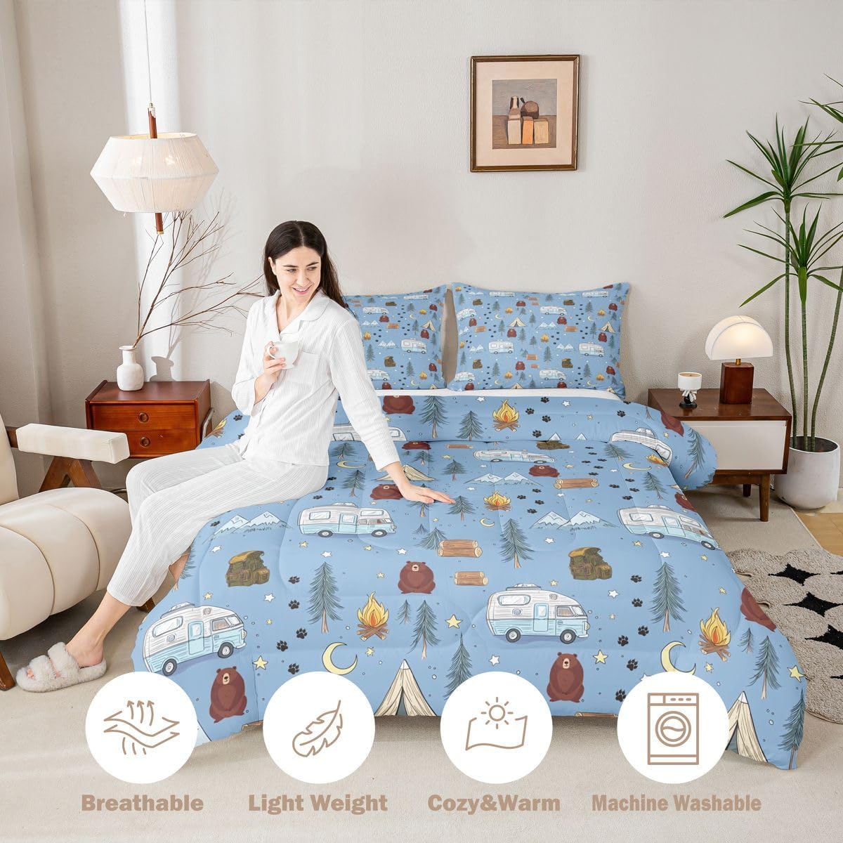 Homewish Cartoon Tents Camp Camper Comforter Set Full Size,Camping Picnic Bedding Sets 3Pcs for Kids Girls Boys Youth Room Decor,Woodland Bear Duvet Insert Snow Mountain Down Comforter,2 Pillowcases