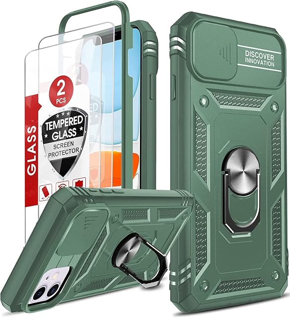 LeYi for iPhone 11 Case with Slide Camera Cover and 2 Tempered Glass Screen Protector, Ring Holder Kickstand Full Body Protective Slim Heavy Duty Shockproof Tough Girl Hard Phone Cover, Green