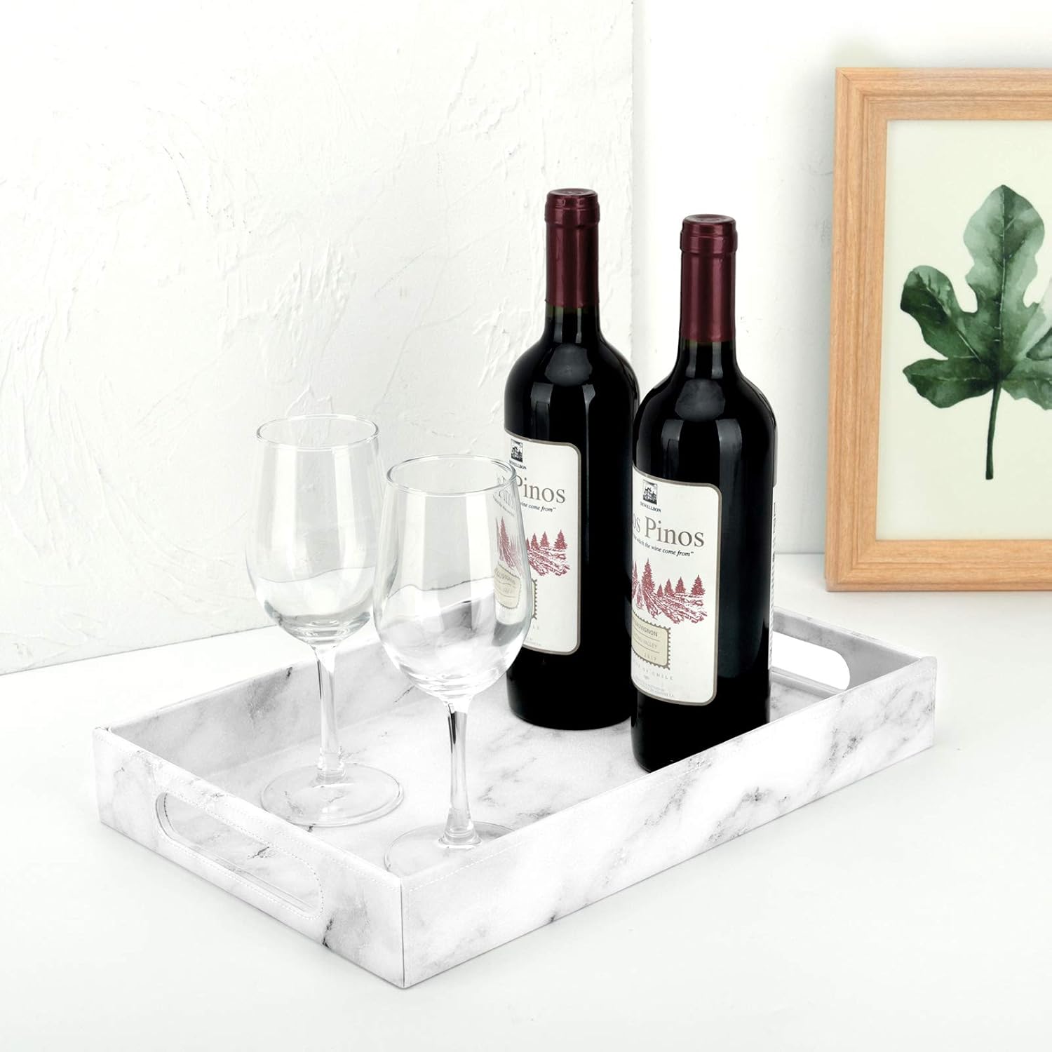 MoKo Vanity Tray, 38x24x5 cm Large Capacity PU Leather Valet Tray Tablet-Top Storage Organizer Catchall Serving Tray with Handles for Living Room Bedroom Entryway Dining-Table Countertop, White Marble: Home & Kitchen