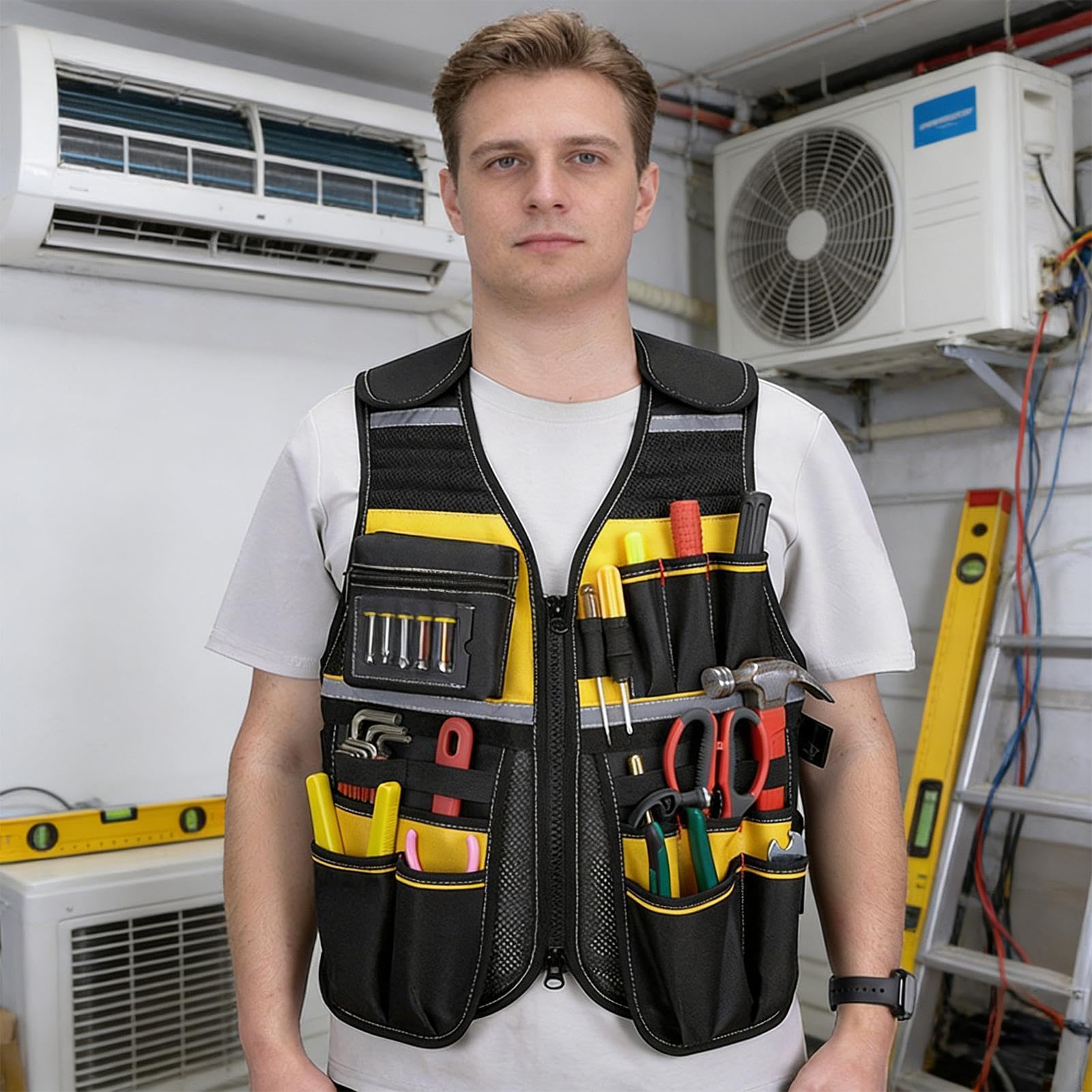 Chaleco de herramientas con múltiples bolsillos, tela Oxford reflectante multifuncional, electricista, carpintero, trabajador, ropa de trabajo, organizador de hardware resistente, ropa de seguridad