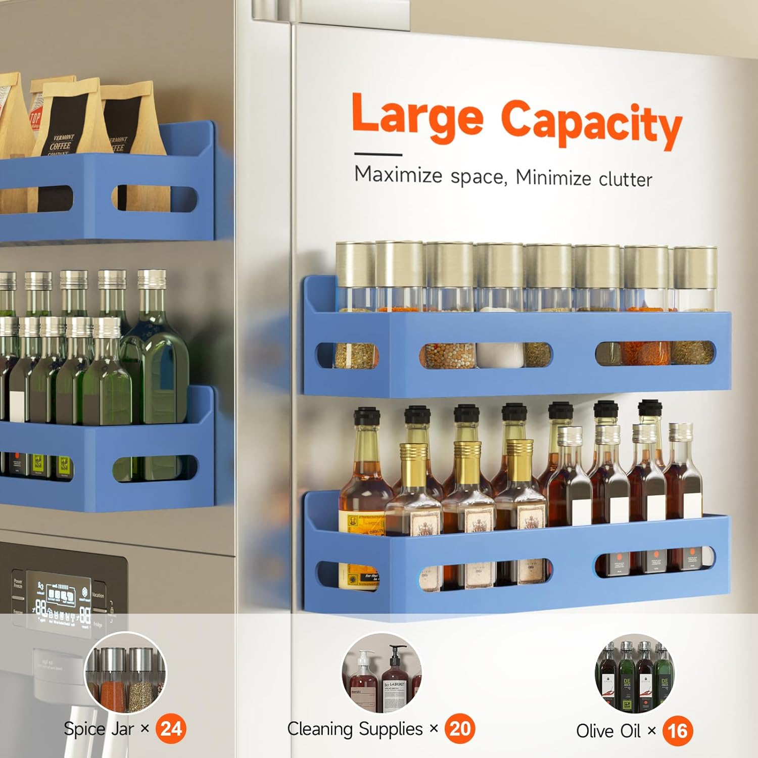 4 Pack Strong Magnetic Spice Rack for Refrigerator, Multipurpose Magnetic Shelf for Fridge with 4 Hooks for kitchen and Bathroom Organization, Blue - Image 4