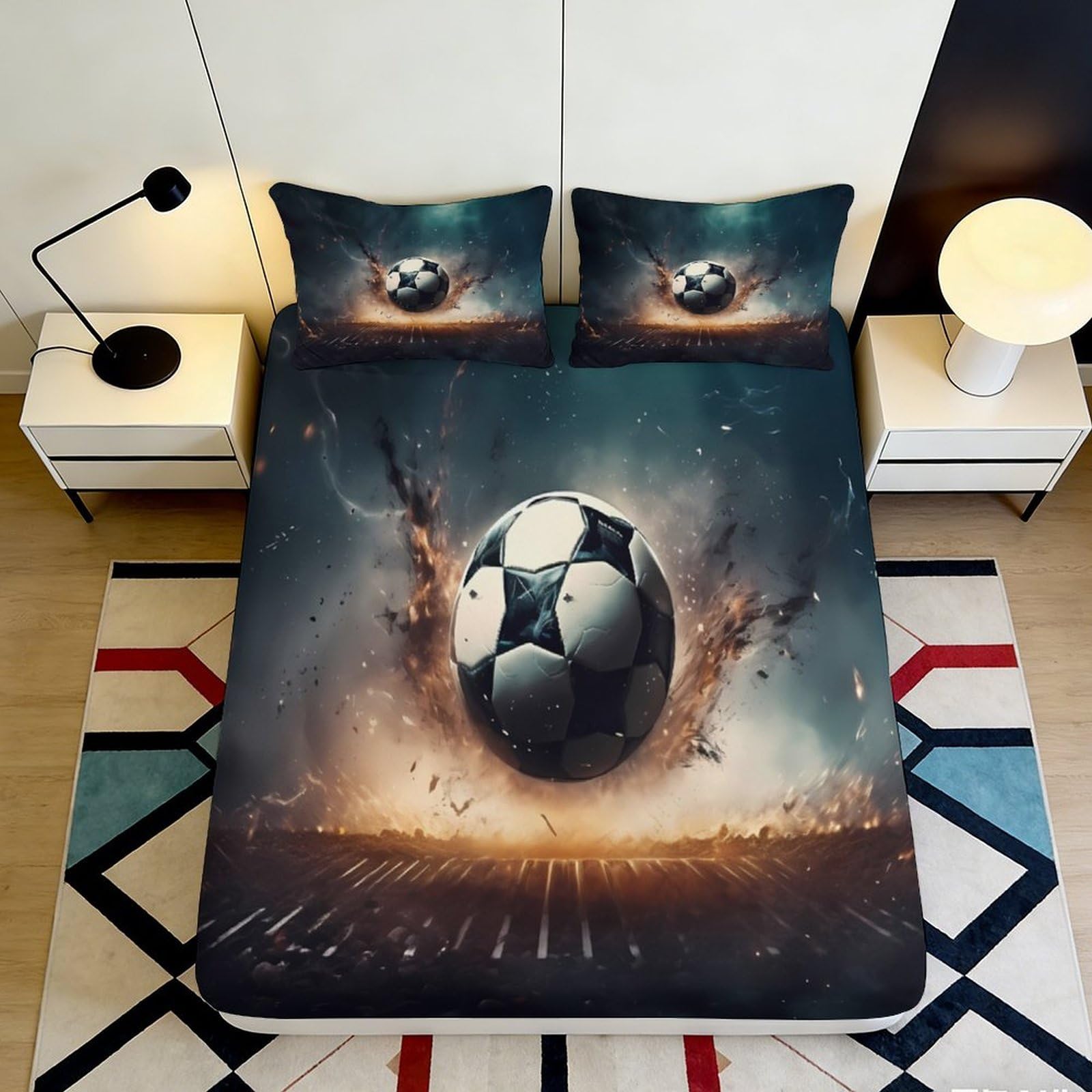 3D Printed Football Stadium Fitted Sheet Microfiber Sports Decor Soccer Ball Mattress Cover for Bedroom Guest Room 90x200x25cm