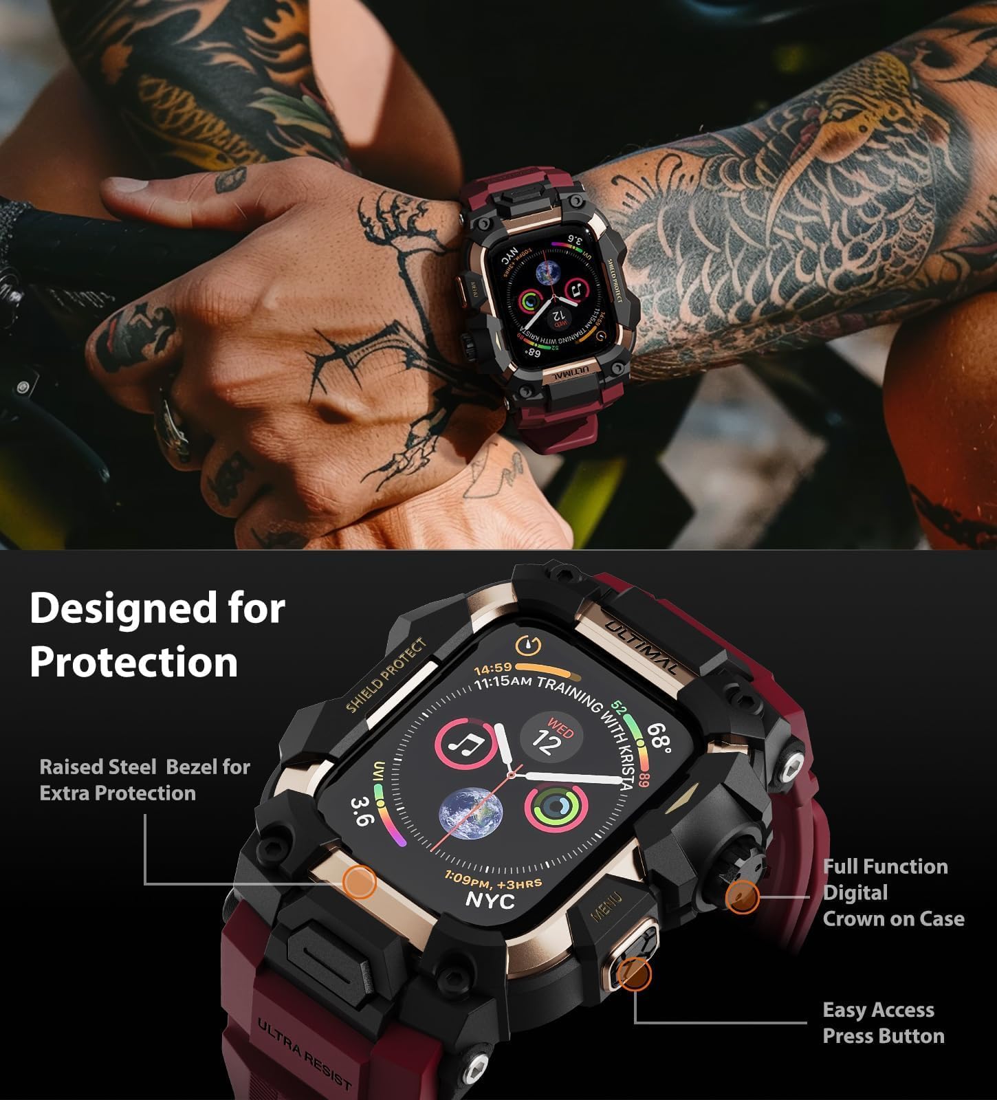 ULTIMAL Custodia robusta con cinturino per Apple Watch 49 mm, compatibile con Apple Watch Ultra 3/2/1, custodia antiurto di grado militare per iWatch Tactical Band da uomo