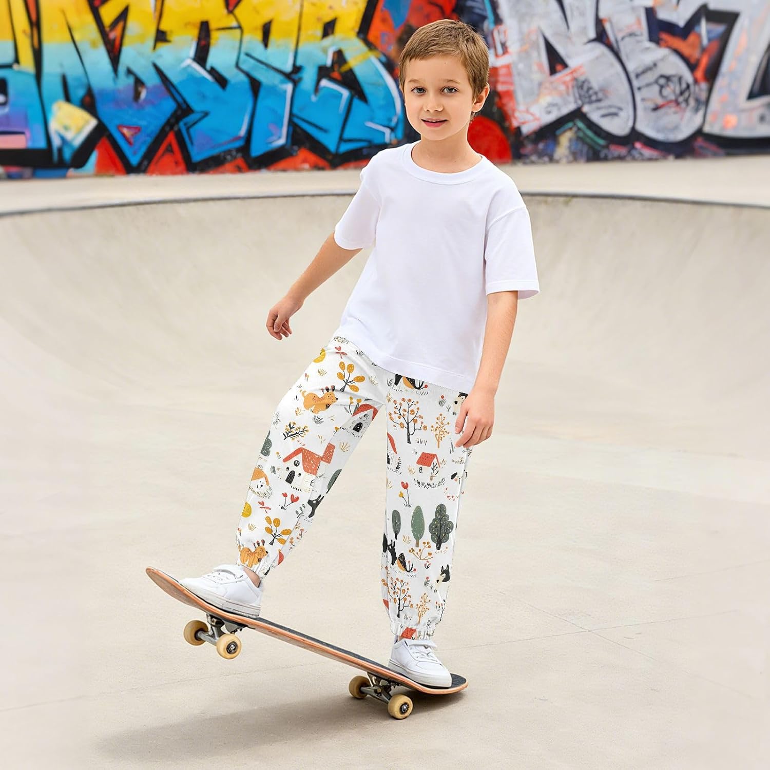Boy Sweatpants Flower Tree Horse Cartoon Dog Joggers Casual Athletic Pants Kids Elastic Waist Cuffed with Pockets