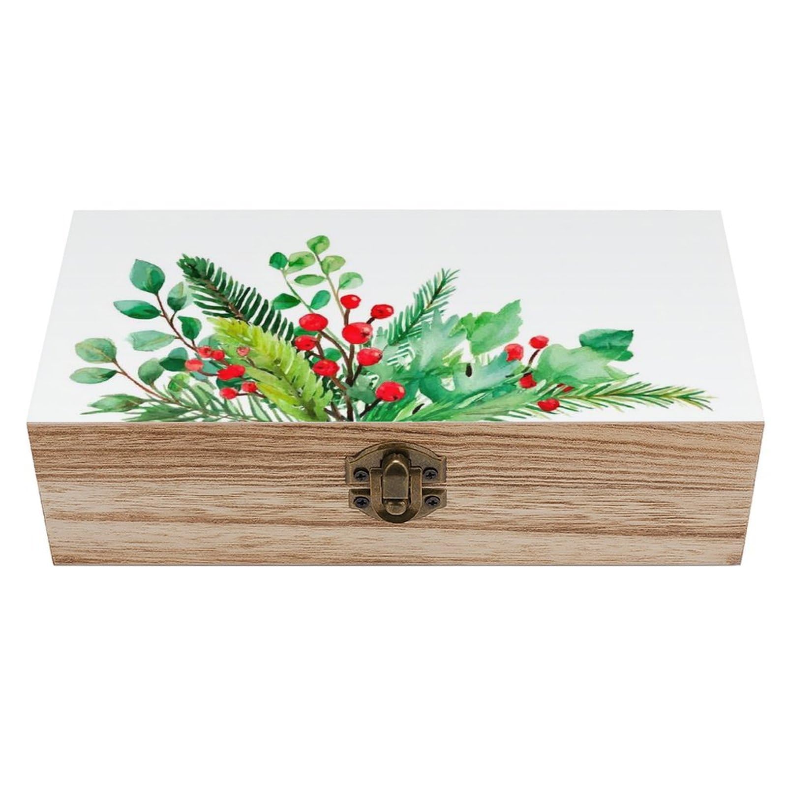 Christmas Greenery with Red Berries Wooden Storage Box with Hinged Lid