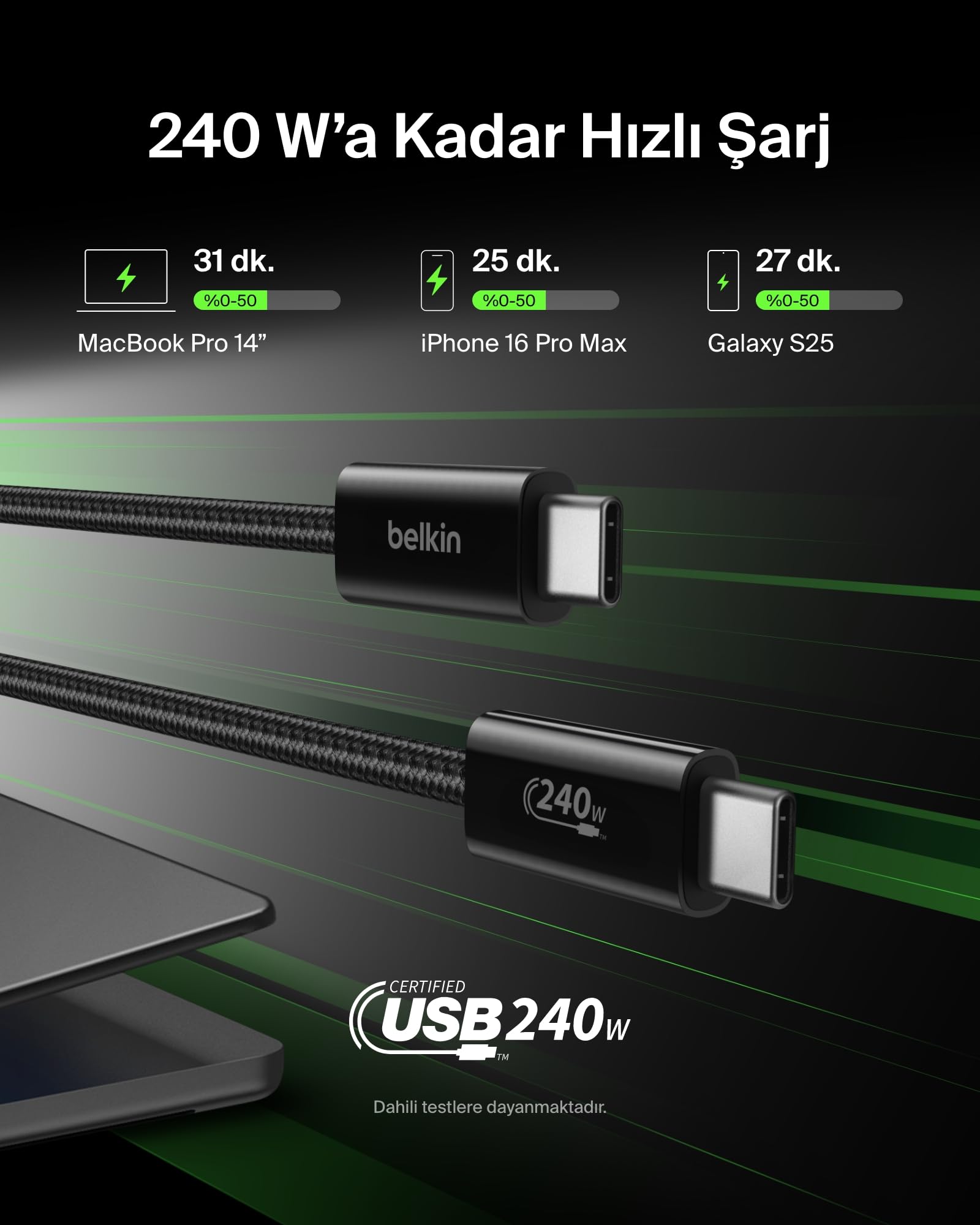 Belkin 2'li Örgülü USB-C - USB-C Kablo, 1,5 m, 240 W, Yumuşak, Esnek ve Hızlı Şarj Kablosu, iPhone 17 ve 16 Serisi, Galaxy S25, Pixel 10, iPad Pro ve Daha Fazlasıyla Uyumlu, Siyah