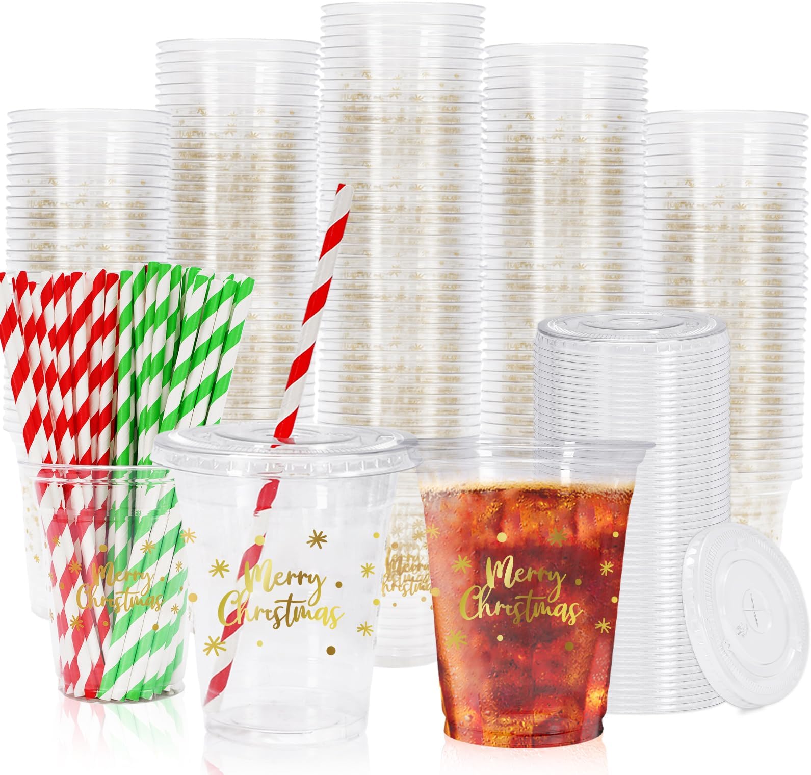 Whaline 50 Pack 12oz Christmas Disposable Cups with Lids