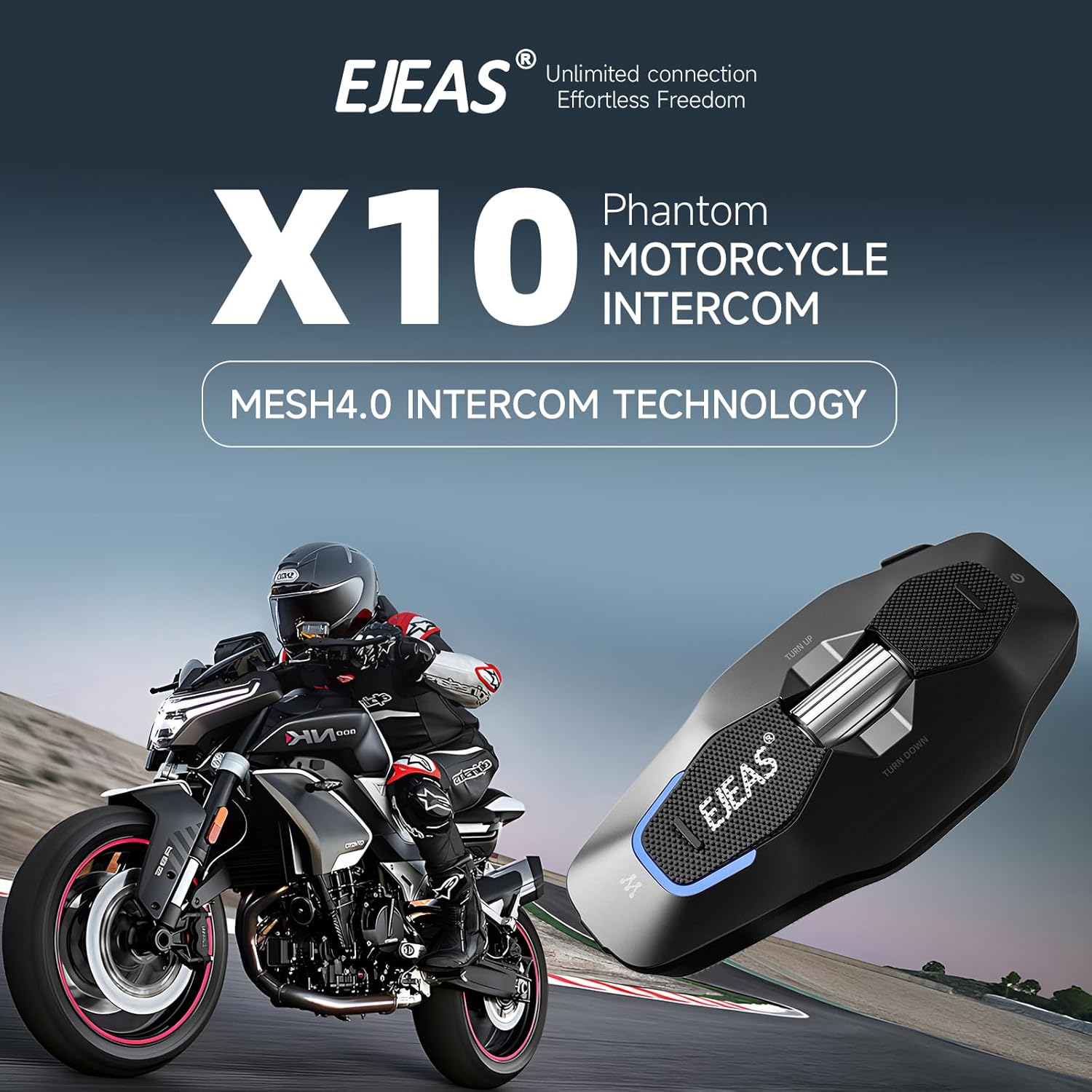 EJEAS X10 Bluetooth Mesh Intercom Headset for Communication System with Ten Riders Group, CVC Noise Cancellation/Waterproof/Hands-Free Calls/Music/GPS for Dirt Bike/ATV/Motorcycle Helmet(Black)