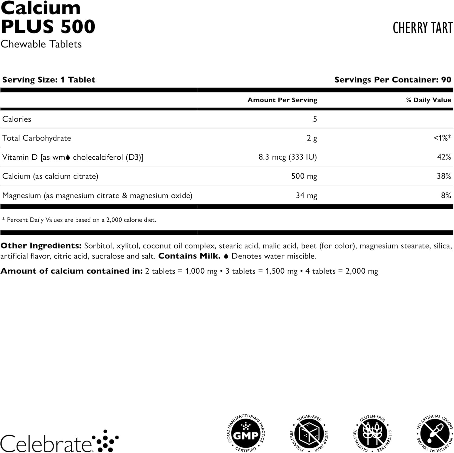 Celebrate Vitamins Calcium Plus - 500mg Calcium Citrate, 333 IU Vitamin D3 & 34mg Magnesium for Post Bariatric Surgery - Gluten-Free & Sugar-Free - Cherry, 90 Chewable Tablets