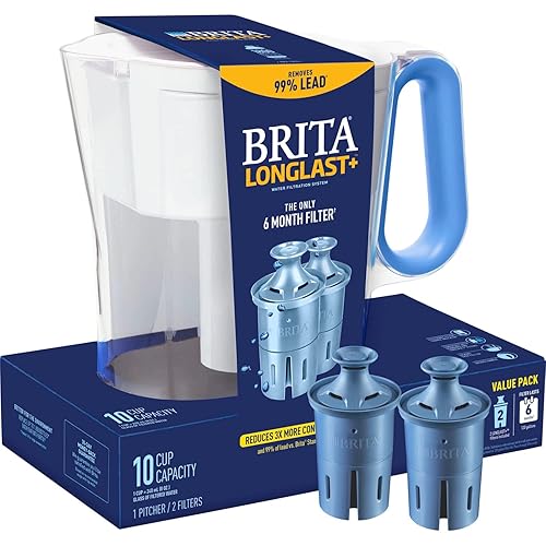 Brita Wave - Jarra grande de filtro de agua de 10 tazas con 2 filtros Longlast+, color azul