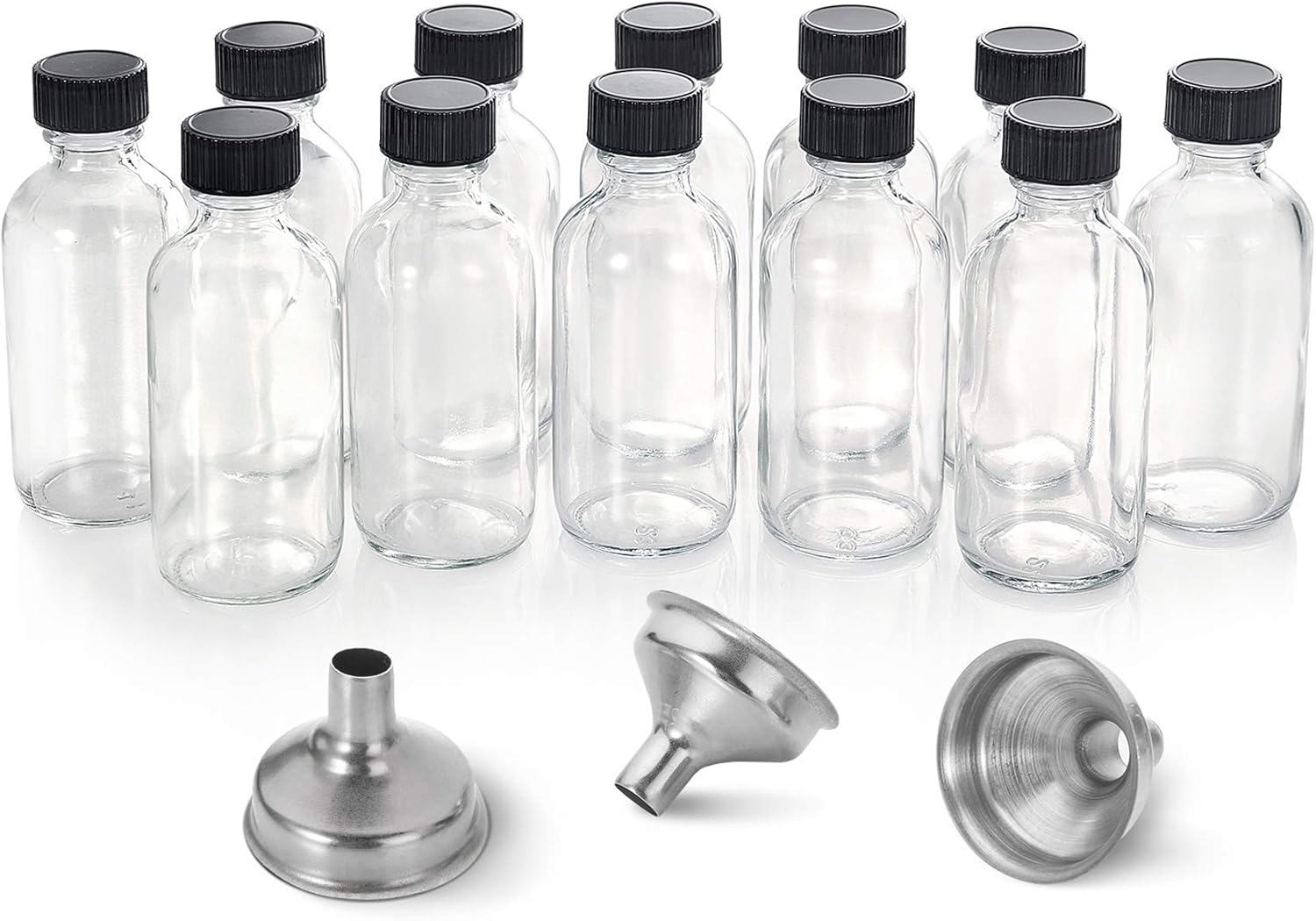 12 Pack, 2 oz Small Clear Glass Bottles w/Lid & 3 Funnels – 60ml Boston Shot Bottles for Health, Immunity, Potion, Wellness, Sample, Ginger, Juice – Mini Personal Care & Beauty Travel Bottle