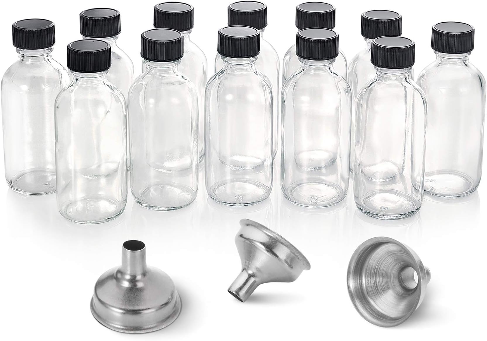 AOZITA 12,2 Oz Small Clear Glass Bottles (60Ml) With Lids&3 Stainless Steel Funnels - Boston Round Sample Bottles For Potion,Juice,Ginger Shots,Oils,Whiskey,Liquids - Mini Travel Bottles,No Leakage
