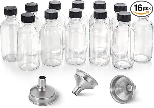 12 Pack, 2 oz Small Clear Glass Bottles w/Lid & 3 Funnels - 60ml Boston Shot Bottles for Health, Immunity, Potion, Wellness, Sample, Ginger, Juice - Mini Personal Care & Beauty Travel Bottle