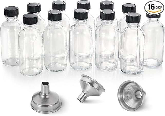 12 Pack, 2 oz Small Clear Glass Bottles w/Lid & 3 Funnels - 60ml Boston Shot Bottles for Health, Immunity, Potion, Wellness, Sample, Ginger, Juice - Mini Personal Care & Beauty Travel Bottle