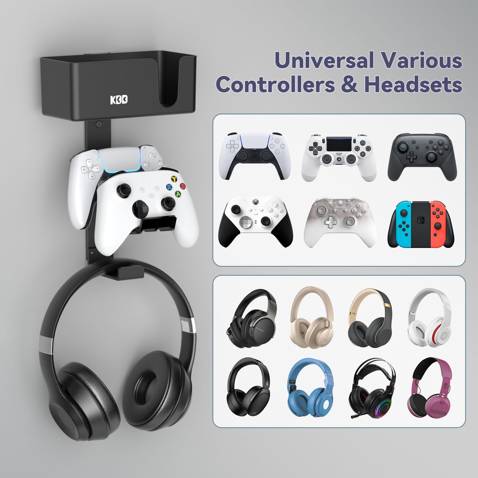 KDD Doble Soporte Mando Pared 4 en 1, Soporte para Controlador y Porta Auriculares Gaming con Almohadillas Antideslizantes, Desmontable Gancho Controlador de Pared para PS5/PS4/Xbox/Nintendo Switch