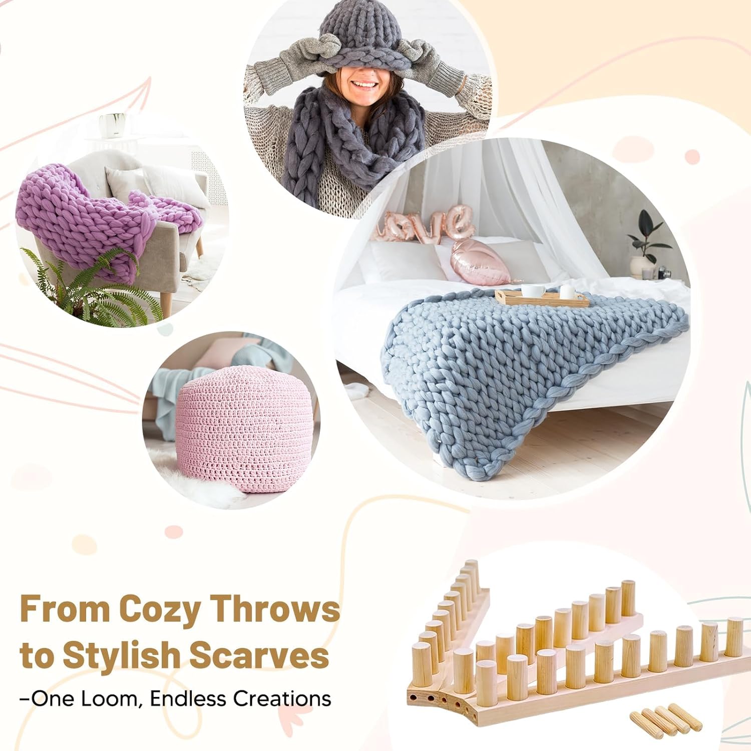 Wooden Knitting Loom for Chunky Blankets, 46 Inches, 3 Sections, Adjustable Size, Beginner Friendly