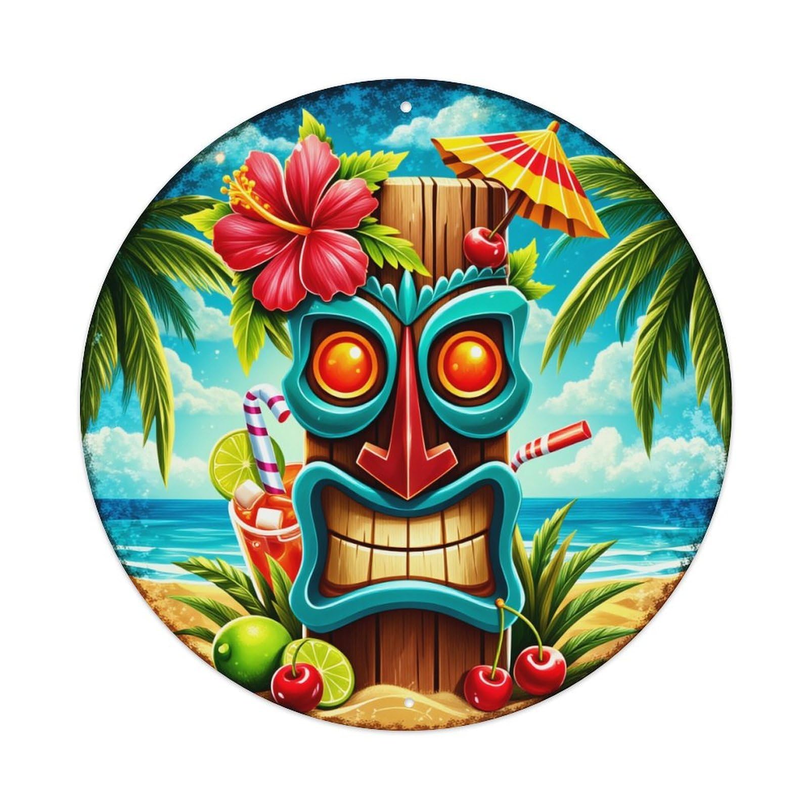 Tropical Tiki Coconut Beach Paradise Round Tin Sign Retro Metal Sign for Cafe Bar Pub Home Game Room Gym Club Wall Decoration Vintage Metal Poster 8x8 Inch
