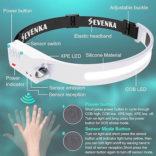 Vista 21 de SEVENKA 2 faros recargables, linterna LED brillante, 1000 lúmenes, haz de luz de 230° de ancho y luz puntual, modo sensor, lámpara de cabeza ligera