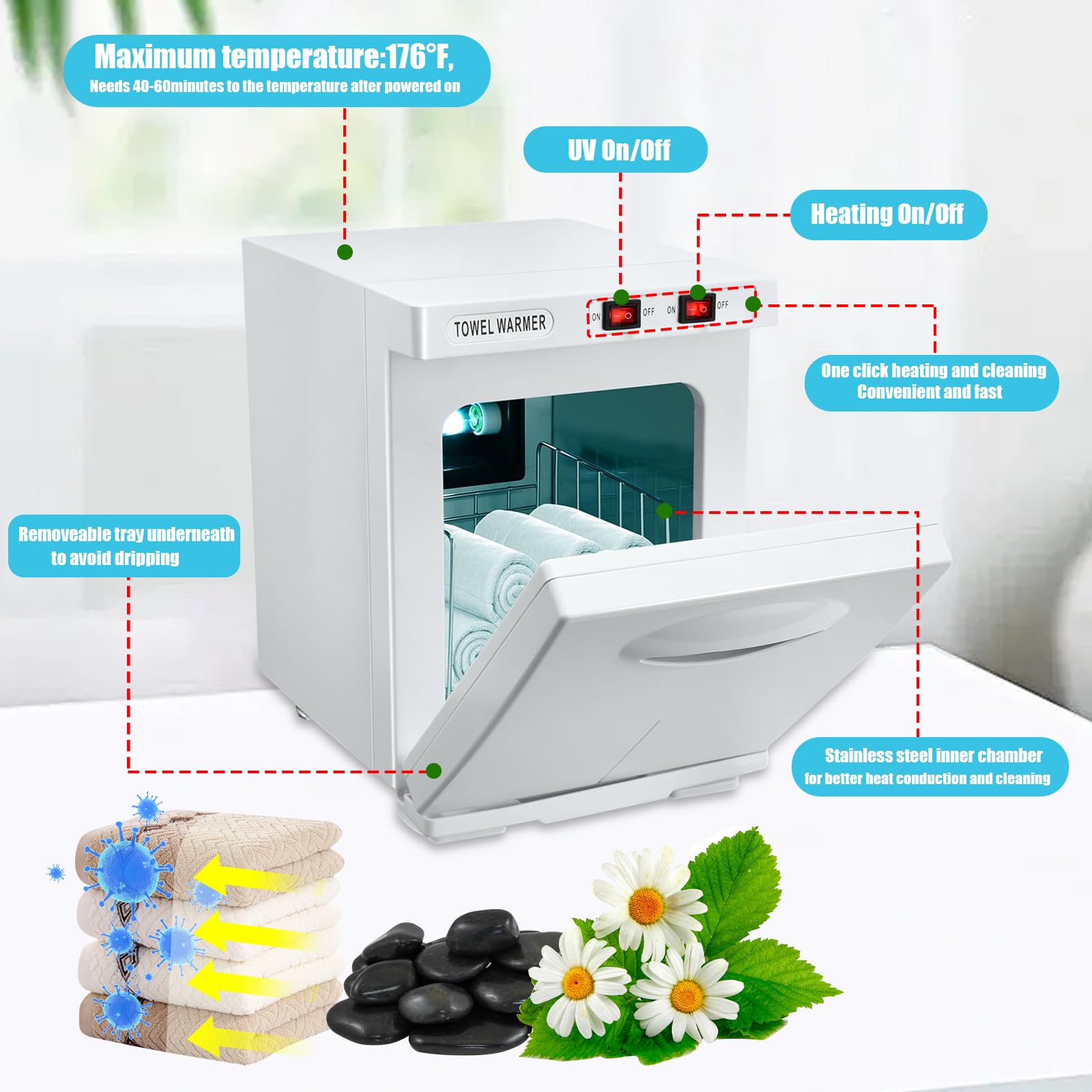 Calentador de toallas esterilizador 5L, gabinete de desinfección UV para toallas, 176°F gabinete de toallas caliente para salón de peluquería, cuarto de baño, belleza oficina en casa gimnasio (White)