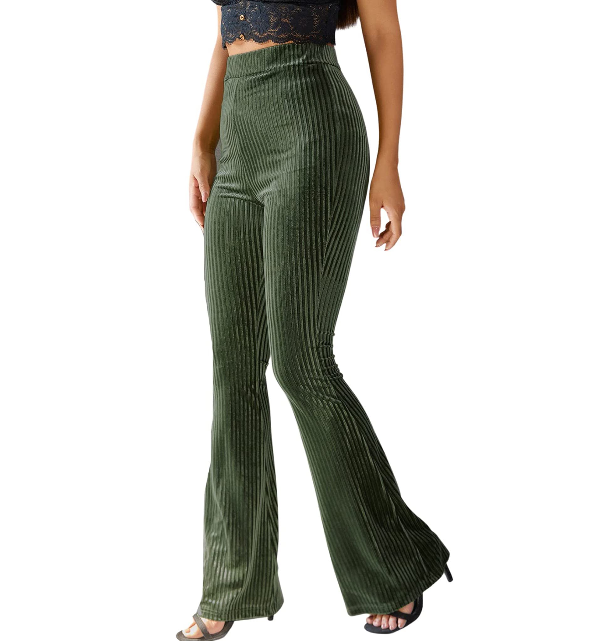 GOWEGB Women's Flare Velvet Pants High Elastic Waist Velour Bell Bottom Bootcut Yoga Pants Tummy Control Workout Trouser, FU-68