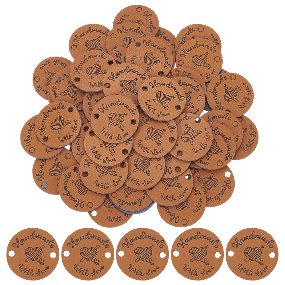 UNICRAFTALE About 60pcs Handmade Tags 25mm Round Imitation Leather Labels with Heart Crochet Tags for Handmade DIY Crafts Hats Clothing Knitting Sewing