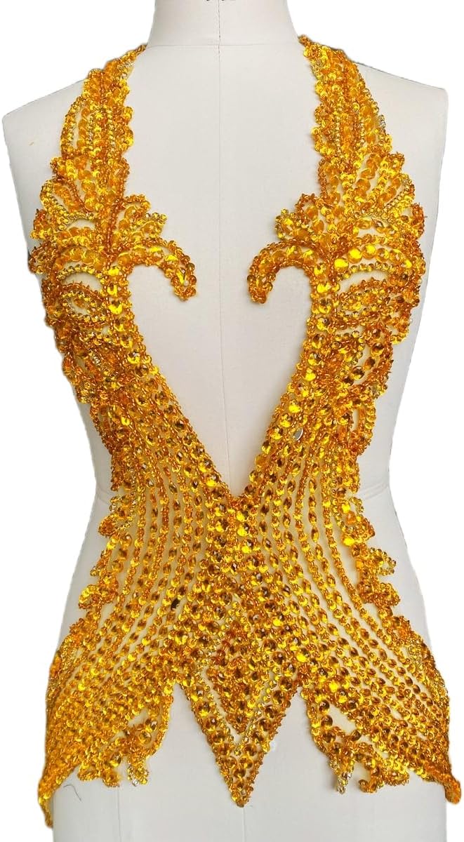 Pure Hand Sewing Beads Applique Rhinestones Trim Patches Shiny Cloth Accessories 15X26in (Champagne)