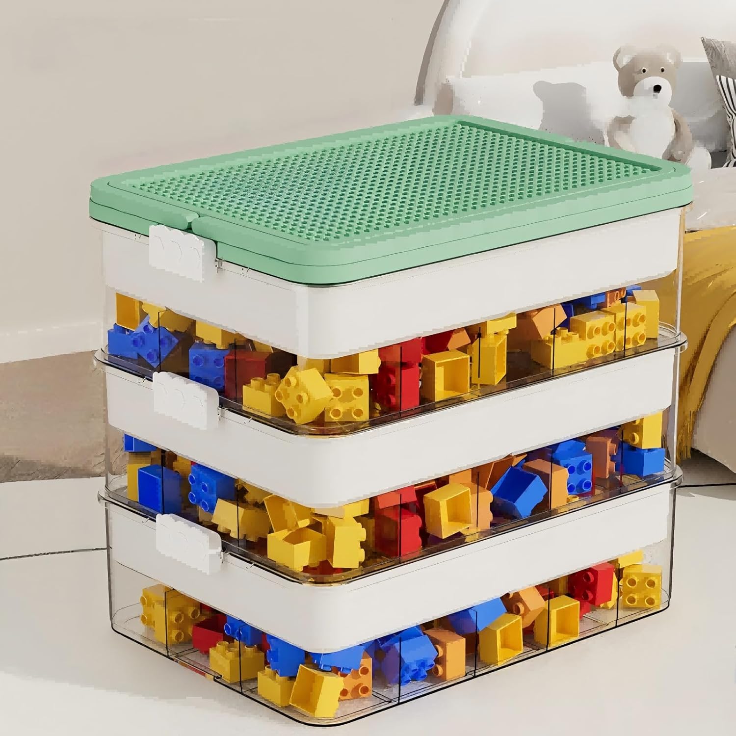 3-Tier Storage Box of Bricks for Lego, PP+ABS Stackable Organizer 14.17"×9.84"×12.01" with Lids, Green