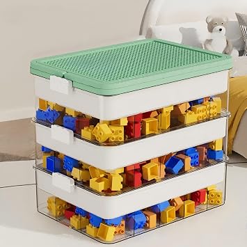3-Tier Storage Box of Bricks for Lego, PP+ABS Stackable Organizer 14.17"9.84"12.01" with Lids, Green