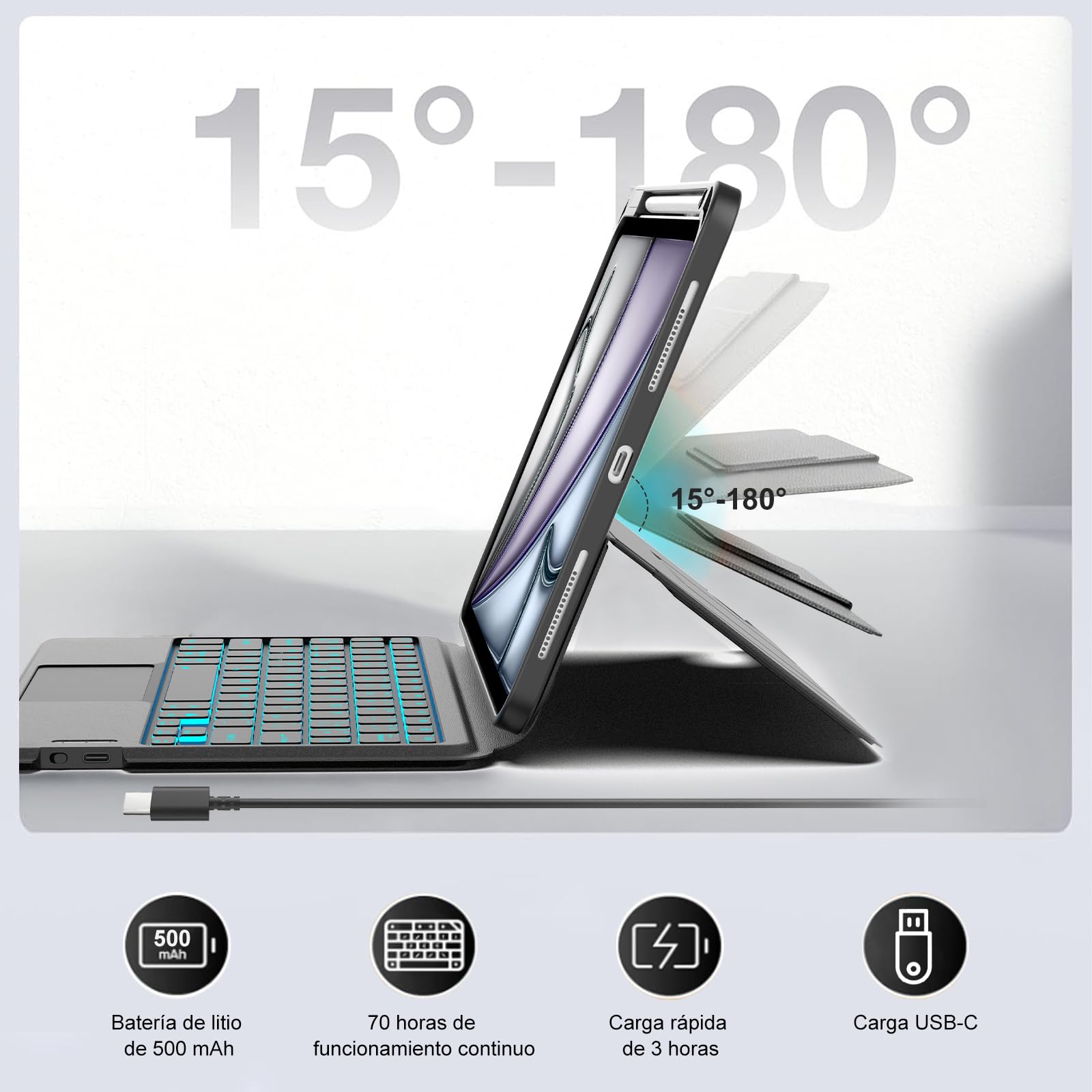 Funda Teclado para iPad Air 13'' M4 2026/M3 2025/M2 2024, Negro | Teclado Touchpad Retroiluminado para iPad Air 13 inch, Funda para iPad Pro 12.9'' 6/5/4/3 con Teclado Bluetooth Inalámbrico