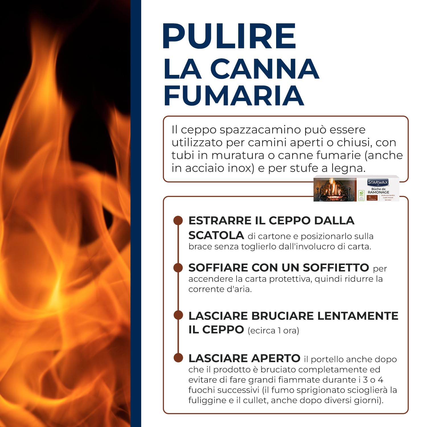STARWAX – Ceppo Spazzacamino – Elimina Fuliggine e Catrame – Formula Brevettata – Inodore – Certificato Incluso – Per stufe e camini – Uso 1‑2 volte/anno – 1,1 kg