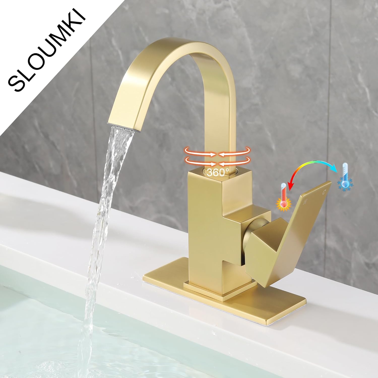 Brushed Gold Bathroom Faucet Waterfall Faucet for Bathroom Vanity with 360 Degree Swivel Spout, Single Hole Bar Sink Faucet with Hose and 6 "Deck Plate,SL5004BG