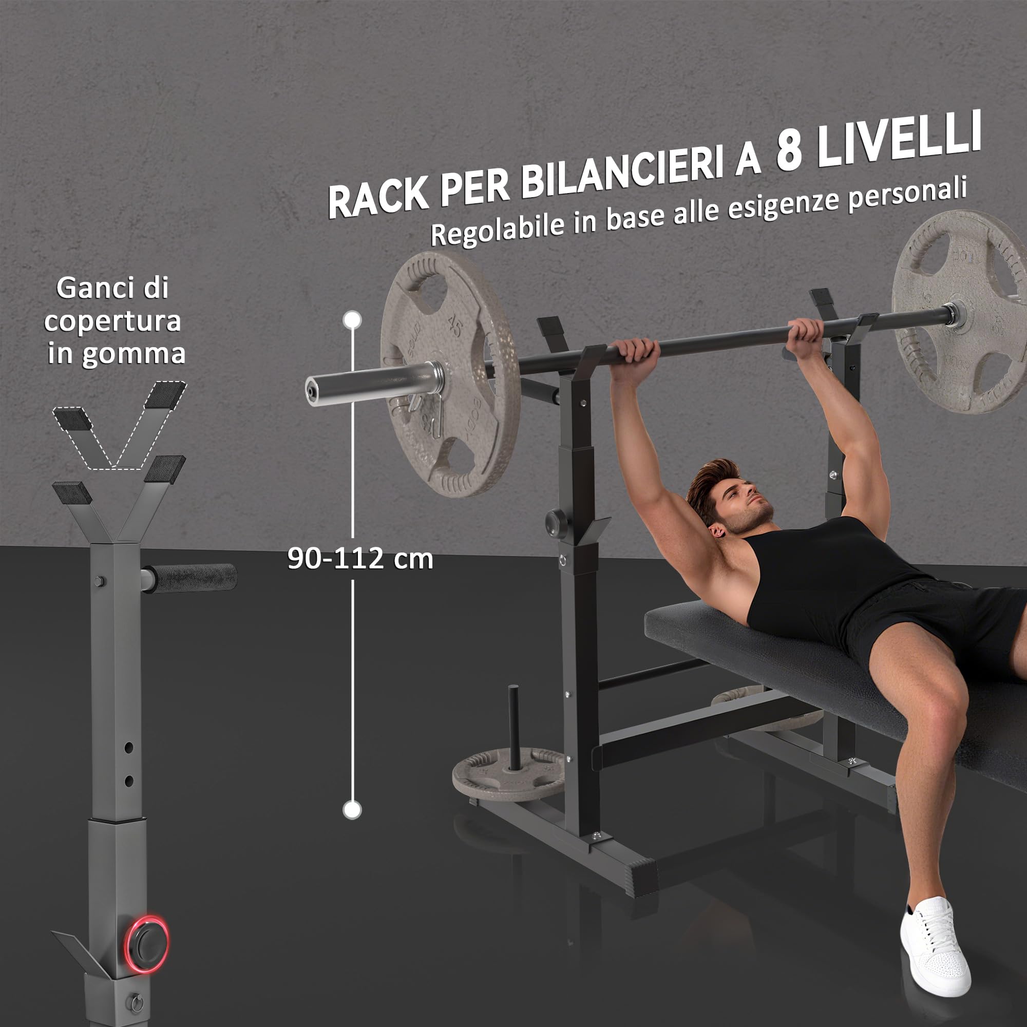 HOMCOM Panca da Palestra Pieghevole con Supporto per Bilanciere Regolabile in 8 Posizioni, Panca Pesi in Acciaio e PU per Palestra Casa, Portata 220 kg, 140x73x98-122 cm