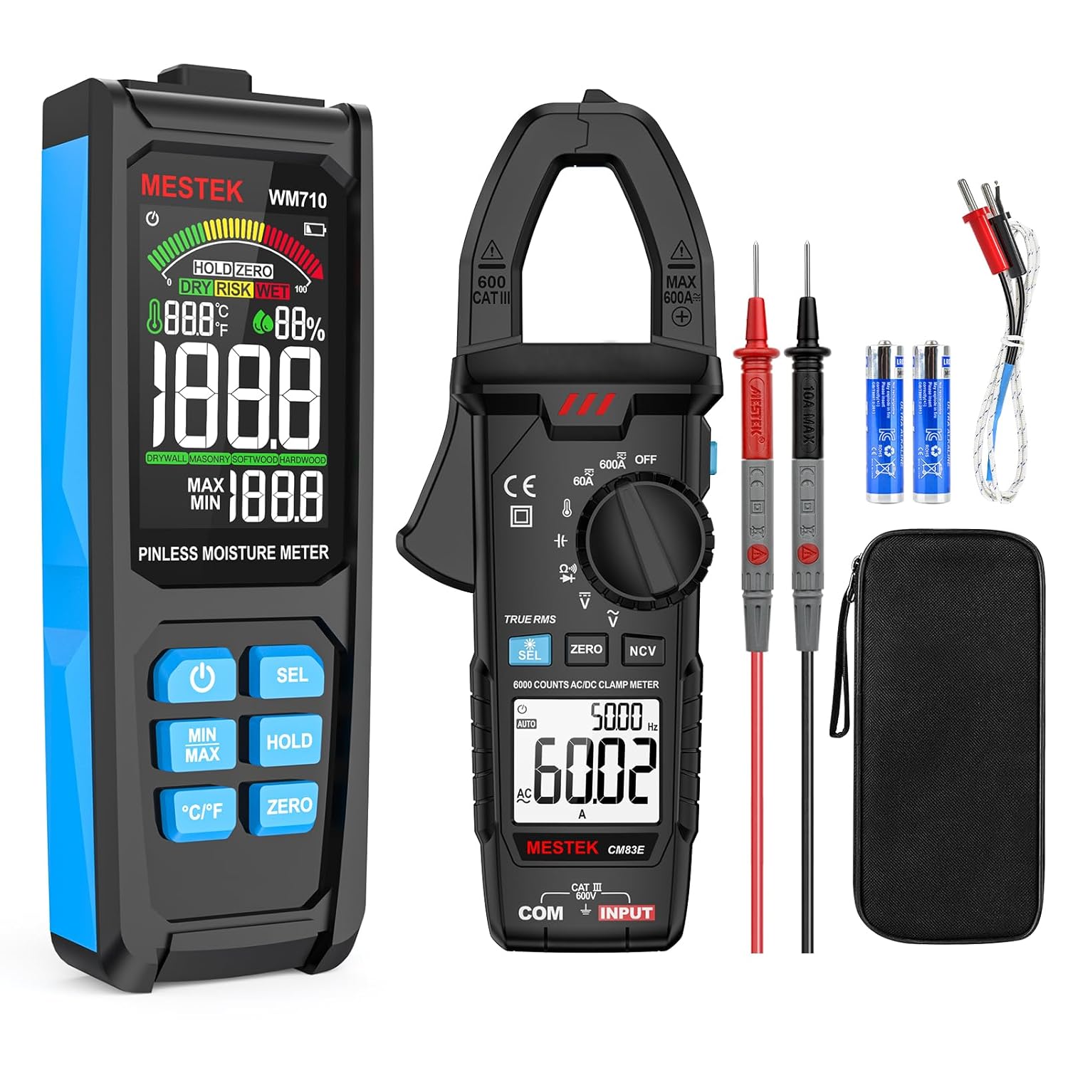 MESTEK Digital Clamp Meter Multimeter TRMS 6000 Counts Voltage Tester AC/DC Current Amp Volt Meter & MESTEK Pinless Wood Moisture Meters for Drywall, Water Leak Detector