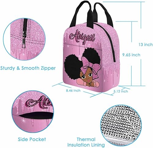Miniatura 9 de Lonchera con nombre personalizado para niños, color rosa degradado con patrón brillante, bolsa de almuerzo aislada reutilizable, bolsa de almuerzo