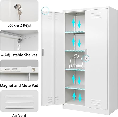 Miniatura 4 de Gabinete de almacenamiento de metal, gabinetes de bloqueo de 72 pulgadas de alto con puertas, estantes ajustables y ventilación de aire para garaje,