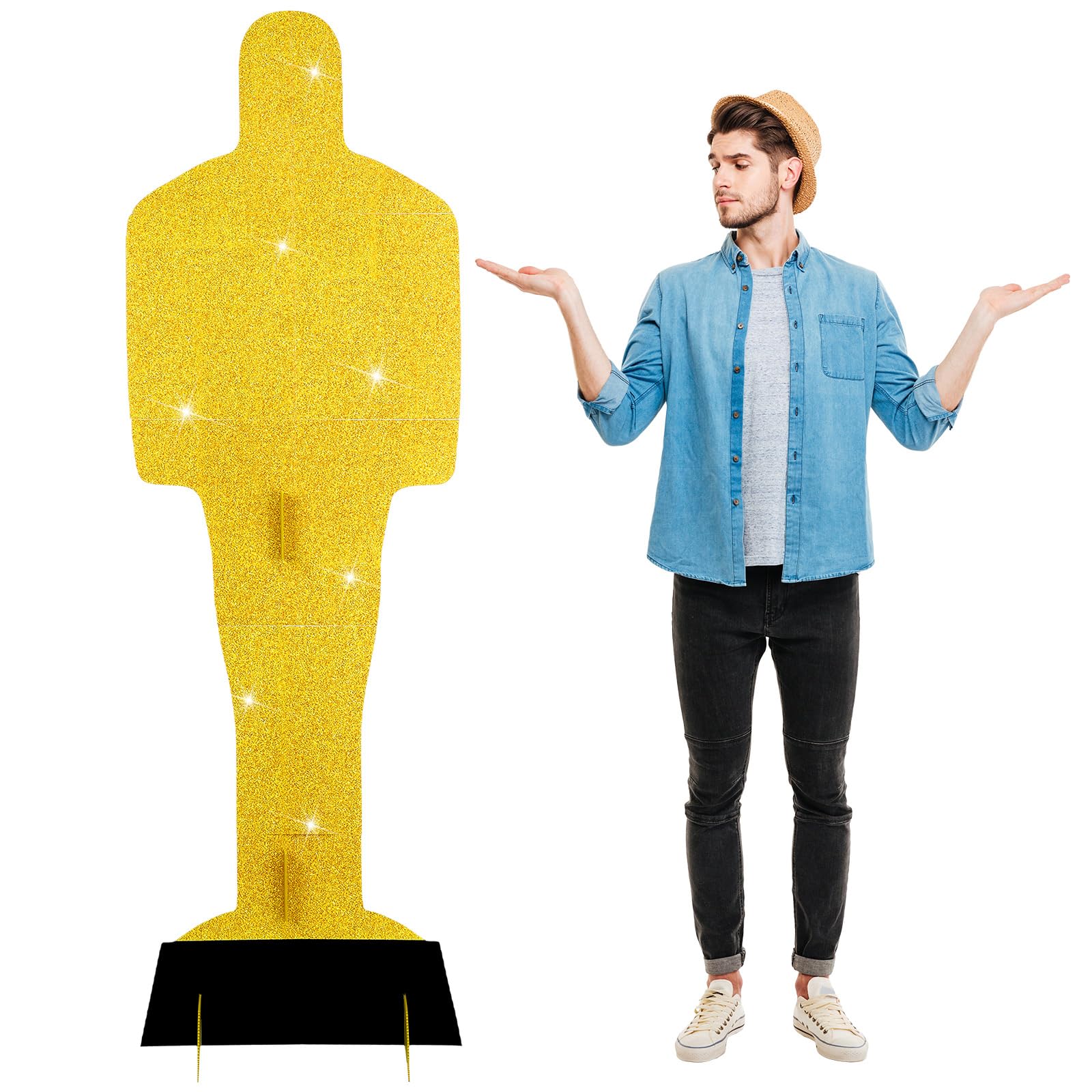 Cinnvoice 2 Pcs 6.56ft Large Gold Movie Statue Cardboard Golden Award Statue Plastic Cardboard Cutouts Standup Movie Props Waterproof PVC Standup Cutouts for Red Carpet Party Outdoor Indoor Home Decor