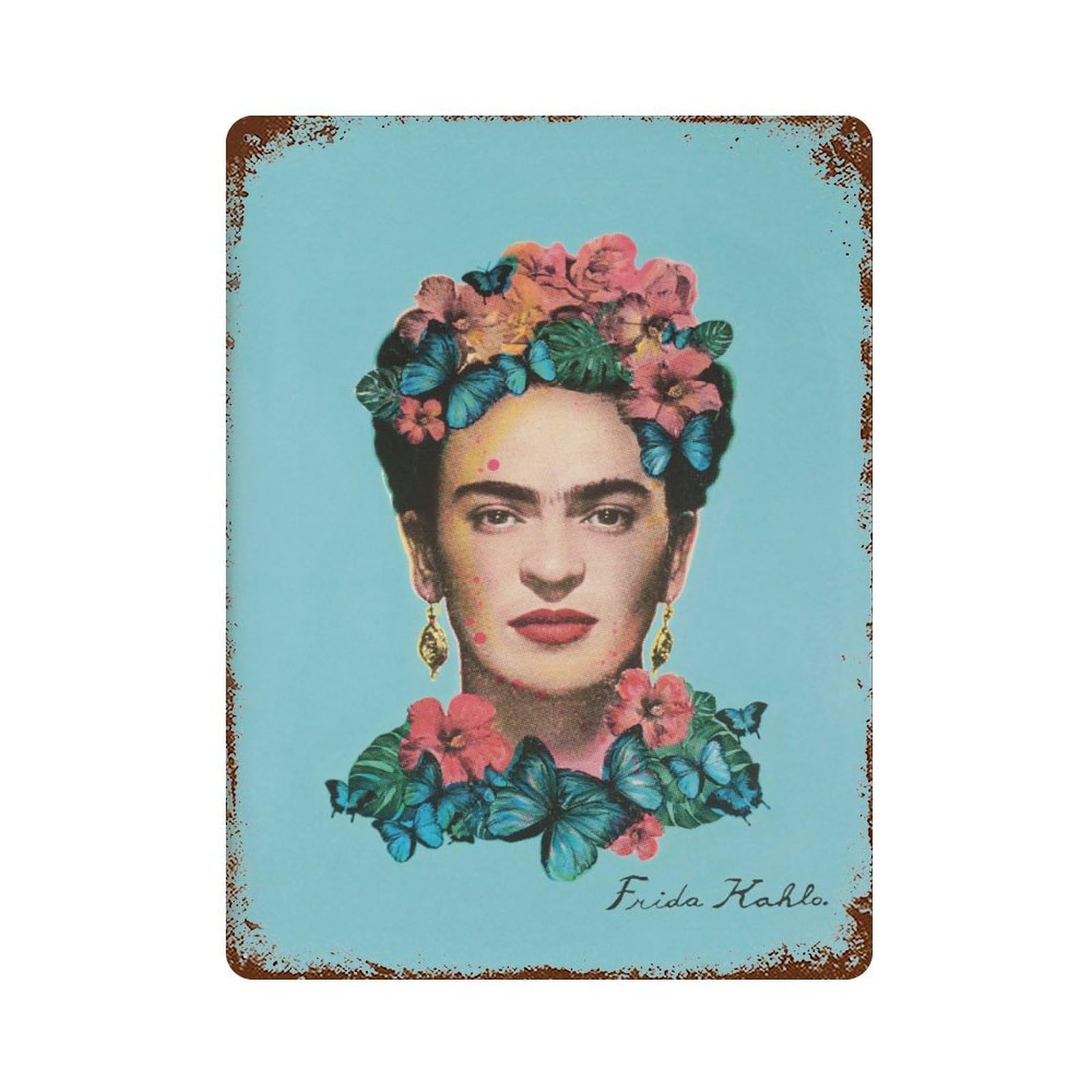 xiaoxiaoshen Frida Kahlo Portrait Blue Floral Mexican Wall Decor Art Metal Tin Poster Modern Home Decor Art Home Bar Shop Decorations Vintage Sign 40x30cm