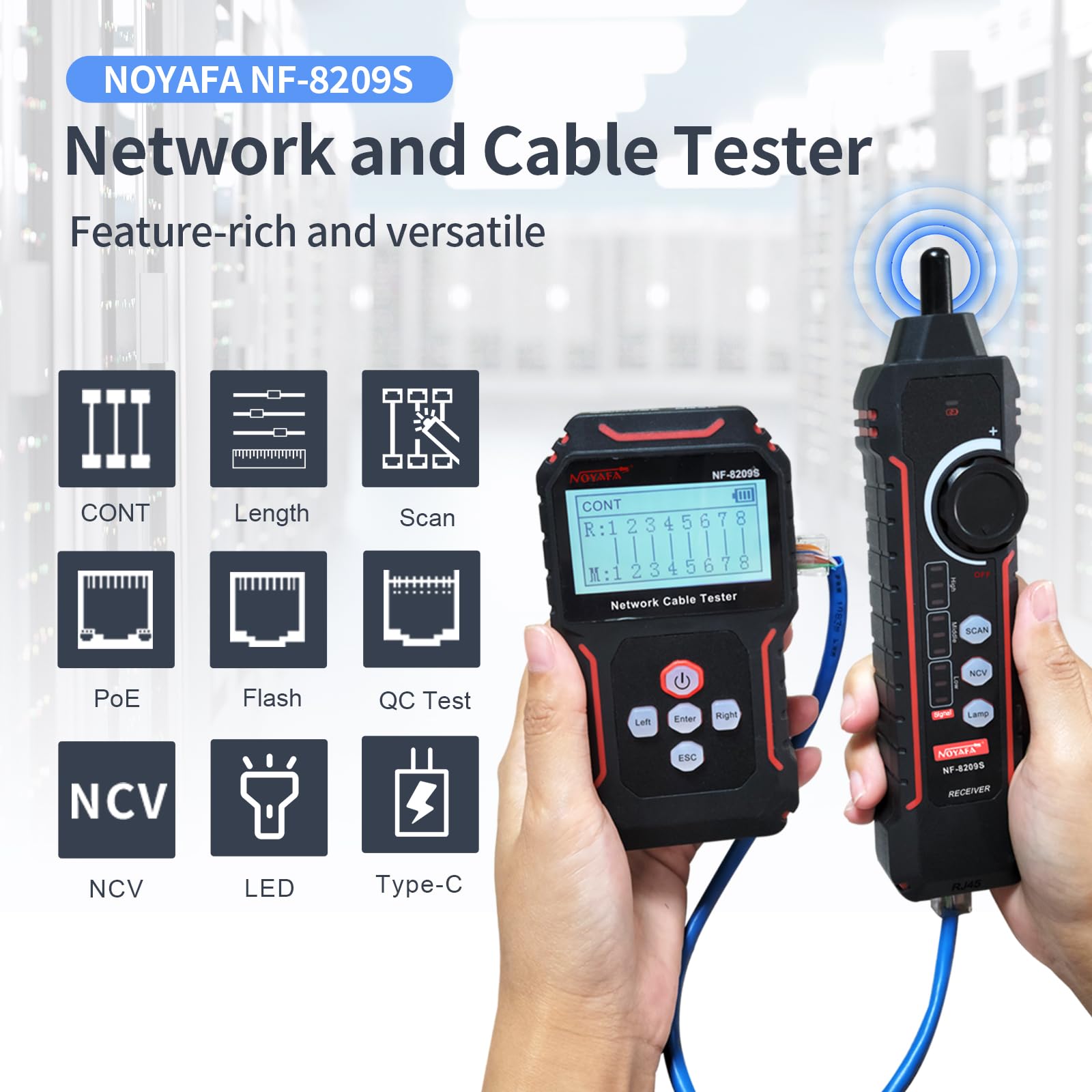 NOYAFA NF-8209S Network Cable Tester with PoE and NCV, Cable Length Test, Port Flashing, Multi-Function Trouble-Free Line Scan Mode, Line Tracer for CAT5, CAT6, LAN/Ethernet Tester?Cable Tracer Kit