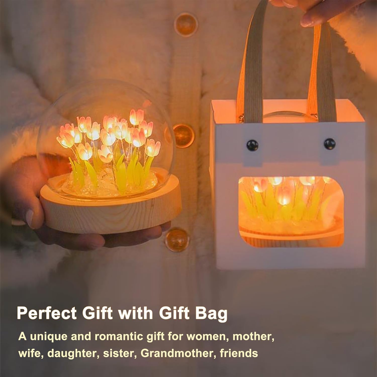 Tulip Night Light Corded, Birthday Flower Gifts for Her - Small Flower Lamp with Glass Cover, Wooden Base and Gift Bag -Cute Romantic Home Decor for Mom, Grandmother, Wife, Girlfriend, Sister, Women